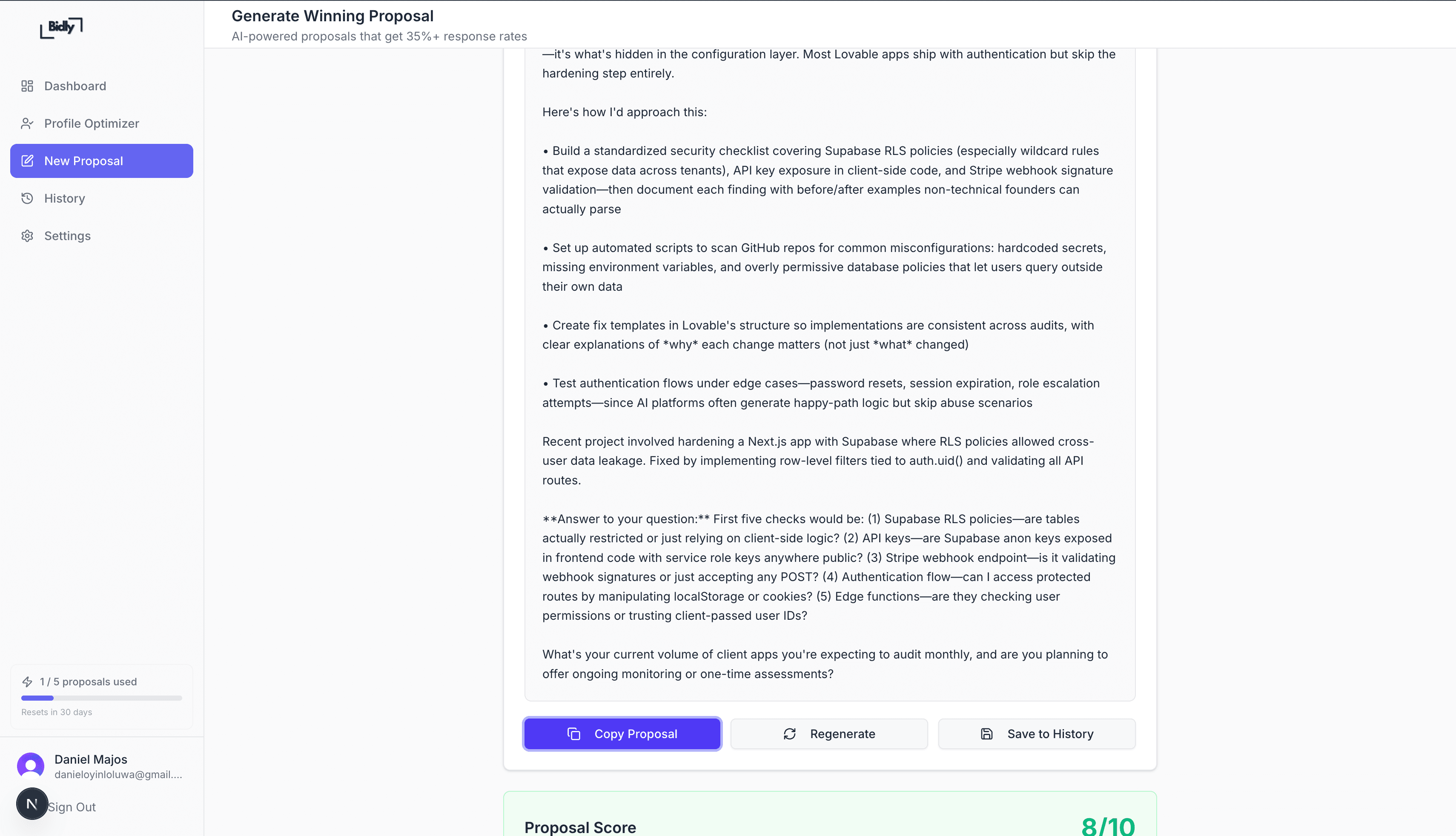Bidly AI proposal generator dashboard